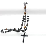 Natural Lava Stone Tiger-Eye Hematite Cross Pendant Necklace Rosary Handmade Jewelry for Men