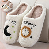 Moon and Clock Print Slipper Winter Warm Home Shoes Cute Bedroom Slippers