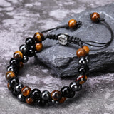 2 Pieces Lava Rock Bead Bracelets Triple Protection Bracelet Hematite Black Obsidian Tiger Eye Stone Bracelet Healing Crystal Gemstone Bead Bracelet Adjustable Anxiety Bracelet