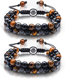 2 Pieces Lava Rock Bead Bracelets Triple Protection Bracelet Hematite Black Obsidian Tiger Eye Stone Bracelet Healing Crystal Gemstone Bead Bracelet Adjustable Anxiety Bracelet