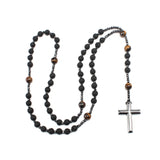 Natural Lava Stone Tiger-Eye Hematite Cross Pendant Necklace Rosary Handmade Jewelry for Men