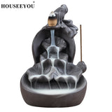 Green Glaze Ceramic Gourd Lotus Waterfall Incense Burner Stick Holder Censer Aroma Smoke Backflow Furnace Fountain Home Decor