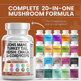 Lions Mane 3000Mg 20In1 Mushroom Supplement with Turkey Tail 2000Mg Reishi 1000Mg Cordyceps Chaga 1000Mg Maitake Meshima Poria Cocos Shiitake Oyster Porcini Enoki 60 Count