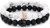 8Mm Natural Stone CZ Micro Pave Crown King Queen Beads His and Hers Couple Bracelet, 7.5"