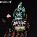 Green Glaze Ceramic Gourd Lotus Waterfall Incense Burner Stick Holder Censer Aroma Smoke Backflow Furnace Fountain Home Decor