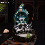 Green Glaze Ceramic Gourd Lotus Waterfall Incense Burner Stick Holder Censer Aroma Smoke Backflow Furnace Fountain Home Decor