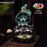 Green Glaze Ceramic Gourd Lotus Waterfall Incense Burner Stick Holder Censer Aroma Smoke Backflow Furnace Fountain Home Decor