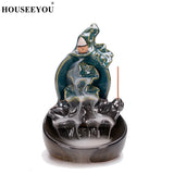 Green Glaze Ceramic Gourd Lotus Waterfall Incense Burner Stick Holder Censer Aroma Smoke Backflow Furnace Fountain Home Decor