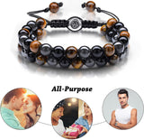 2 Pieces Lava Rock Bead Bracelets Triple Protection Bracelet Hematite Black Obsidian Tiger Eye Stone Bracelet Healing Crystal Gemstone Bead Bracelet Adjustable Anxiety Bracelet