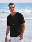 Men Casual Cotton Linen T Shirt Short Sleeve Beach Lace up Hippie Shirt Yoga Renaissance Tunic