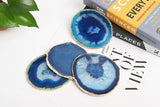 Golden Plated Dyed Blue Agate Coasters Set of 4, Crystal Coaster for Drinks,Geode Coasters with Gold Edge, with Rubber Bumper